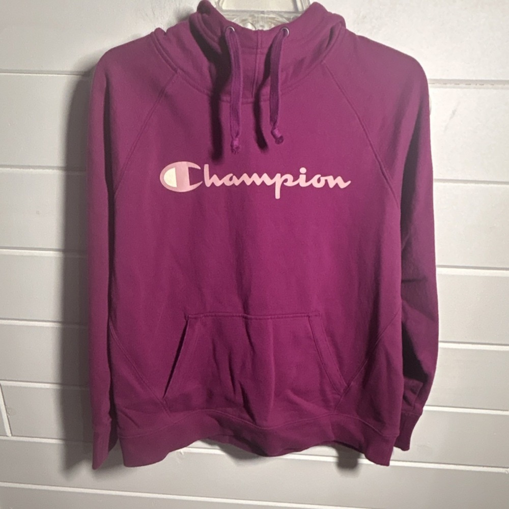 Champion Purple Fleece Logo Hoodie womens Large Pockets Hooded Pullover